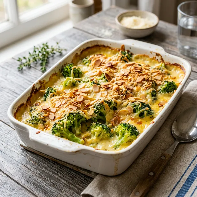 Brokkoli-Gratin mit Mandeln: Emulsions-Stabilität & Röst-Aromen