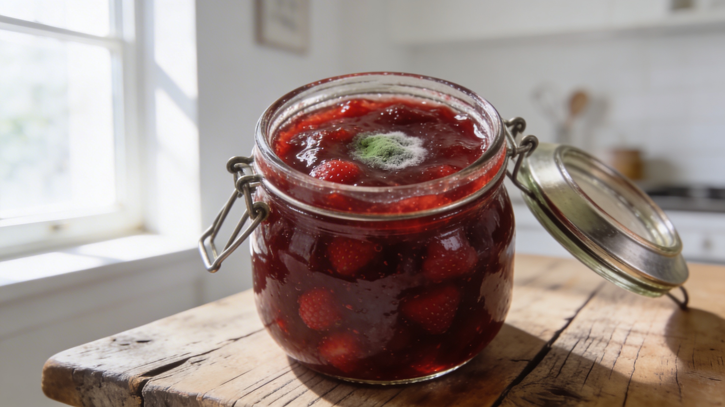 Schimmel auf einem Glas selbstgemachter Marmelade